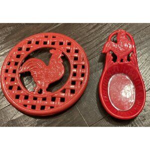 Red Rooster Bird Cast Iron Trivet Hot‎ Plate Spoon Rest Wall Decor Farm Rustic